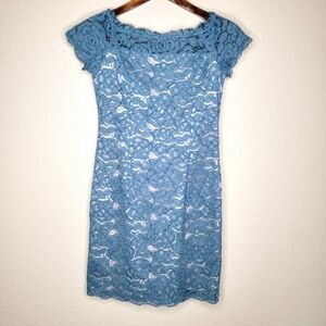 Adrianna Papell Womens Floral Lace Scallop Hem Blue Mini Sheath Dress Size 6
